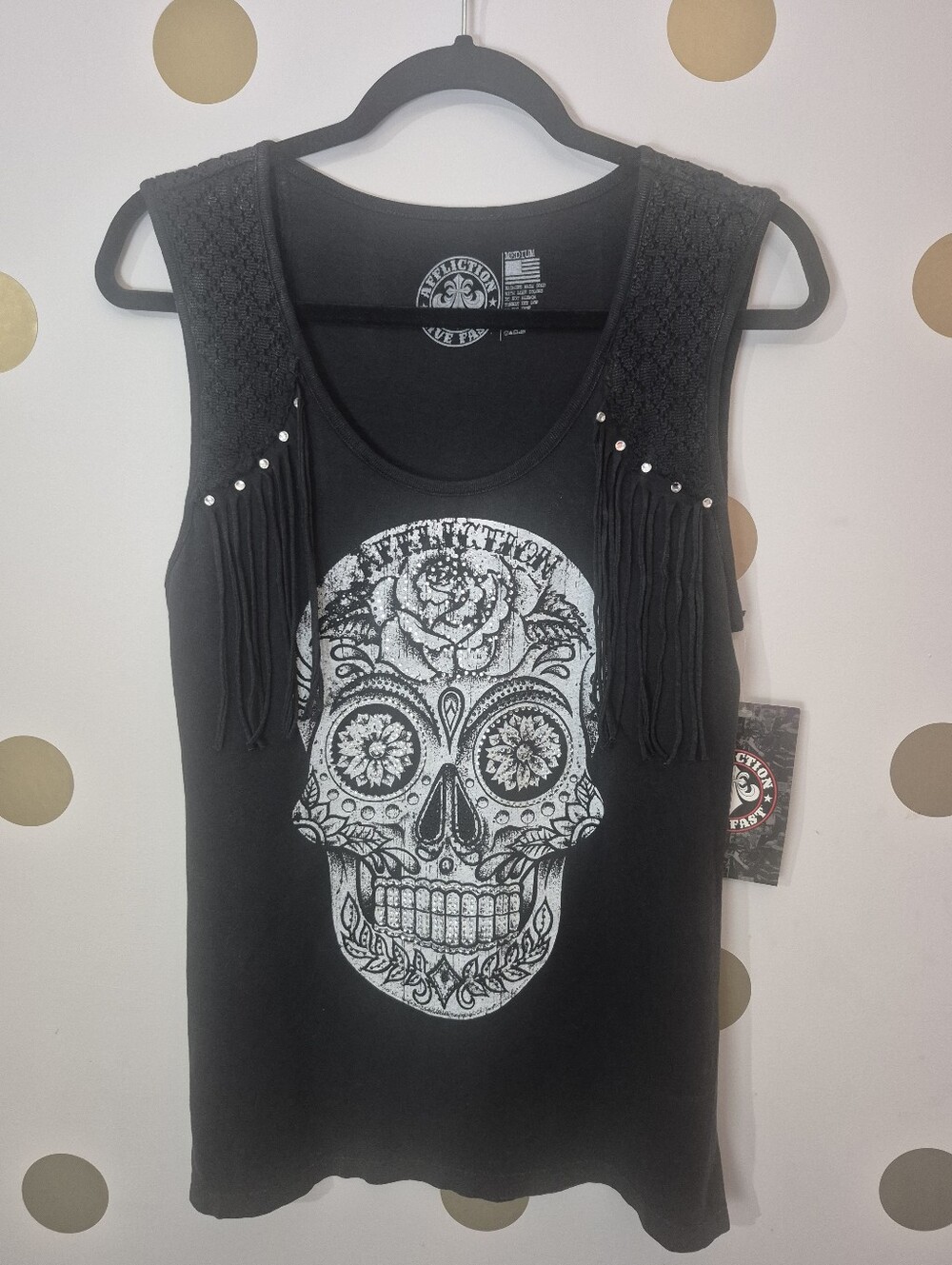 NWT Vintage 2012 Affliction Sugar Skull Fringe Lace Tank Top Deadstock Medium